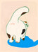 Sure! Here’s your rewritten sentence incorporating the provided product data: The Trudy Booty Patootie Cat Matte Art Print by Sketchy Strays features a cartoon cat with brown spots facing away and glancing back over its shoulder; “HIYA” appears on its rear as it stands in a blue puddle.