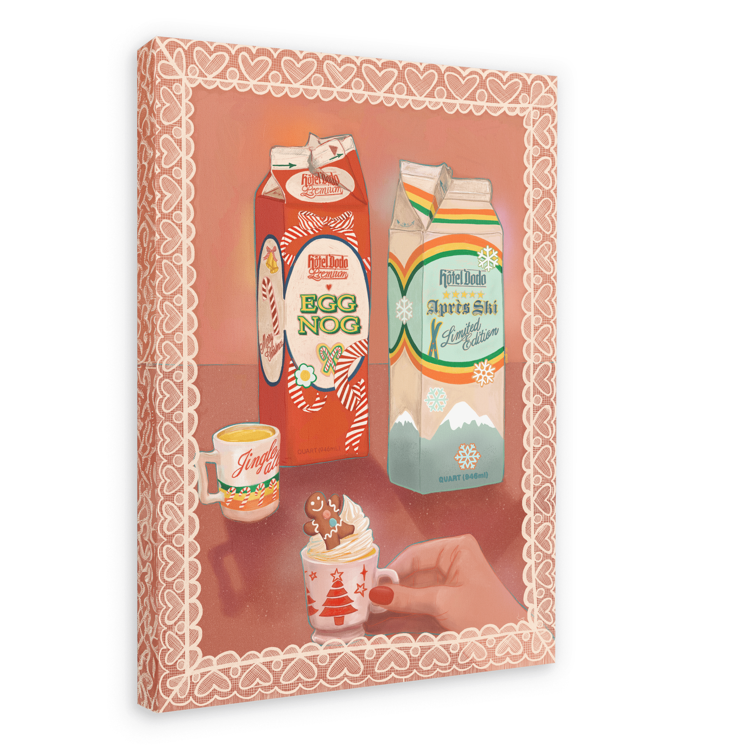 Two cartons of egg nog and the Apres Ski holiday beverage are displayed on a festive tabletop alongside a decorated mug topped with whipped cream, all photographed in a holiday-themed frame that evokes the festive mood of Hôtel Dodo, as featured on the Kitsch Kanaveral x Hôtel Dodo Noggin’ The Nog Canvas Print.