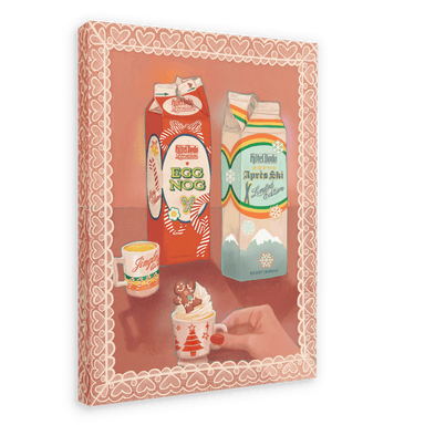 Two cartons of egg nog and the Apres Ski holiday beverage are displayed on a festive tabletop alongside a decorated mug topped with whipped cream, all photographed in a holiday-themed frame that evokes the festive mood of Hôtel Dodo, as featured on the Kitsch Kanaveral x Hôtel Dodo Noggin’ The Nog Canvas Print.