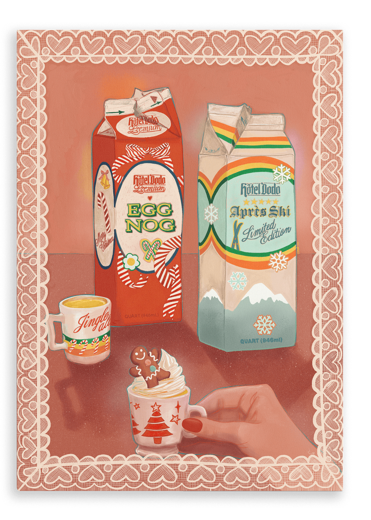 Two cartons of Hedel Dodo drinks, Egg Nog and Aprishi Limited Edition, sit beside a holiday-themed mug filled with a whipped-topped gingerbread man. A lace border frames the festive Christmas scene, evoking the cozy elegance of a tropical resort holiday displayed on the Kitsch Kanaveral x Hôtel Dodo Noggin’ The Nog Canvas Print from Hôtel Dodo.