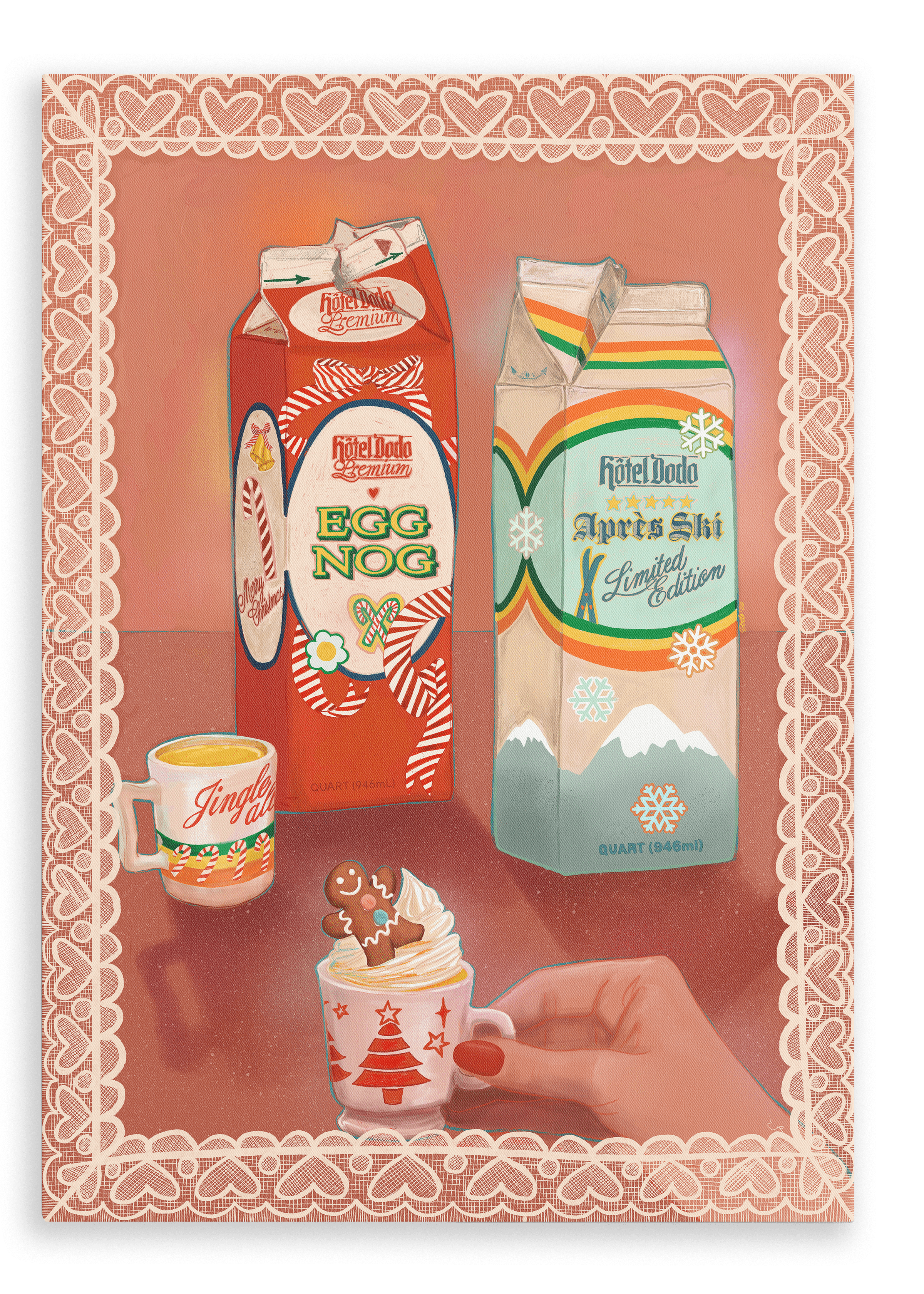 Two cartons of Hedel Dodo drinks, Egg Nog and Aprishi Limited Edition, sit beside a holiday-themed mug filled with a whipped-topped gingerbread man. A lace border frames the festive Christmas scene, evoking the cozy elegance of a tropical resort holiday displayed on the Kitsch Kanaveral x Hôtel Dodo Noggin’ The Nog Canvas Print from Hôtel Dodo.