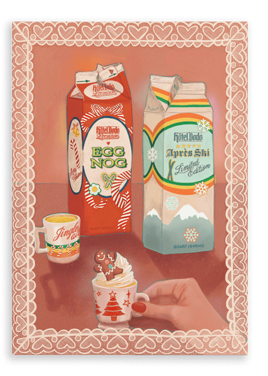 Two cartons of Hedel Dodo drinks, Egg Nog and Aprishi Limited Edition, sit beside a holiday-themed mug filled with a whipped-topped gingerbread man. A lace border frames the festive Christmas scene, evoking the cozy elegance of a tropical resort holiday displayed on the Kitsch Kanaveral x Hôtel Dodo Noggin’ The Nog Canvas Print from Hôtel Dodo.