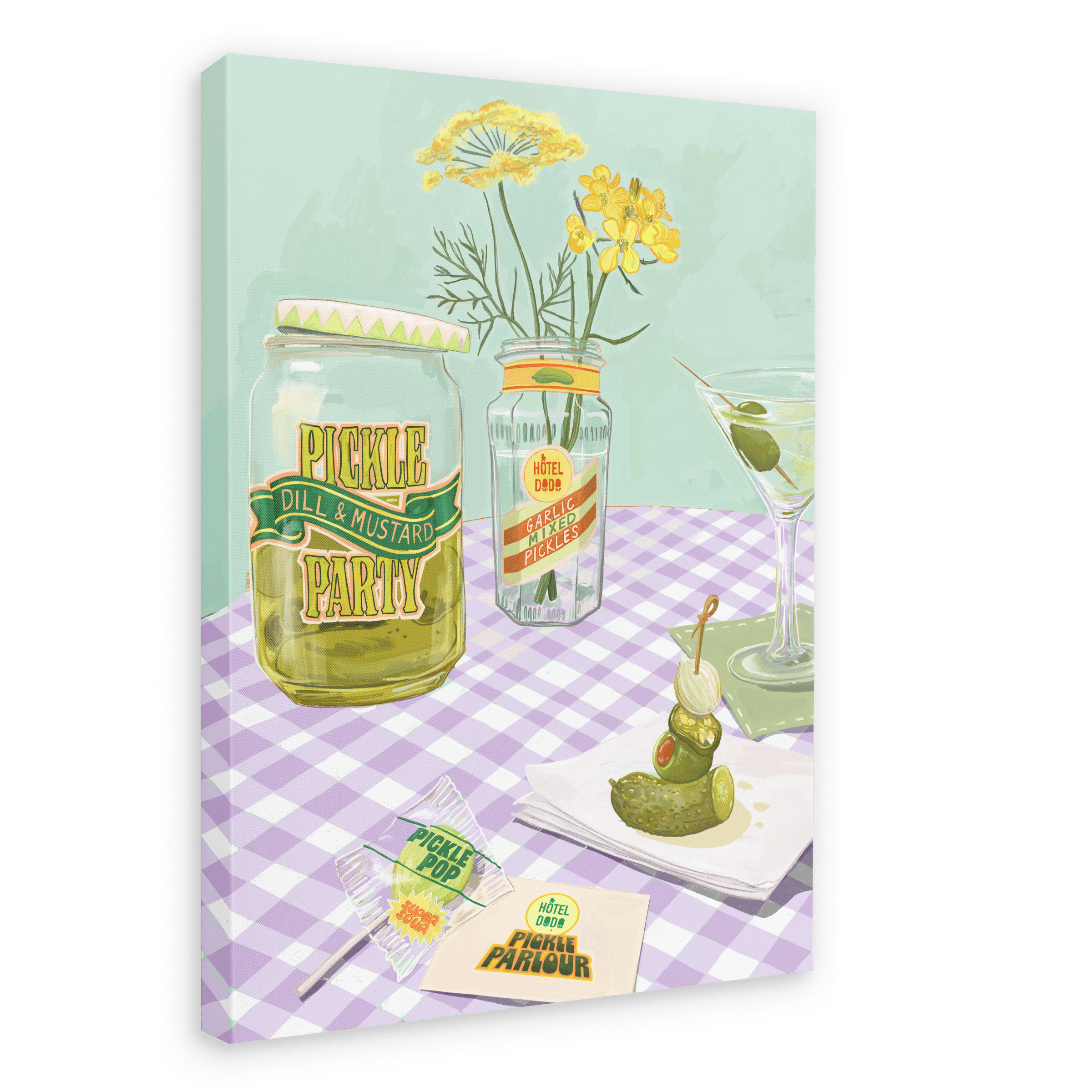 Illustration of a pickle-themed party setup featuring the Pickle Party Giclée Canvas Print by Hôtel Dodo, with pickles in jars, yellow flowers in a vase, a pickle lollipop centerpiece, and party signage from Hôtel Dodo, all arranged on a purple checkered tablecloth.