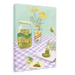 Illustration of a pickle-themed party setup featuring the Pickle Party Giclée Canvas Print by Hôtel Dodo, with pickles in jars, yellow flowers in a vase, a pickle lollipop centerpiece, and party signage from Hôtel Dodo, all arranged on a purple checkered tablecloth.