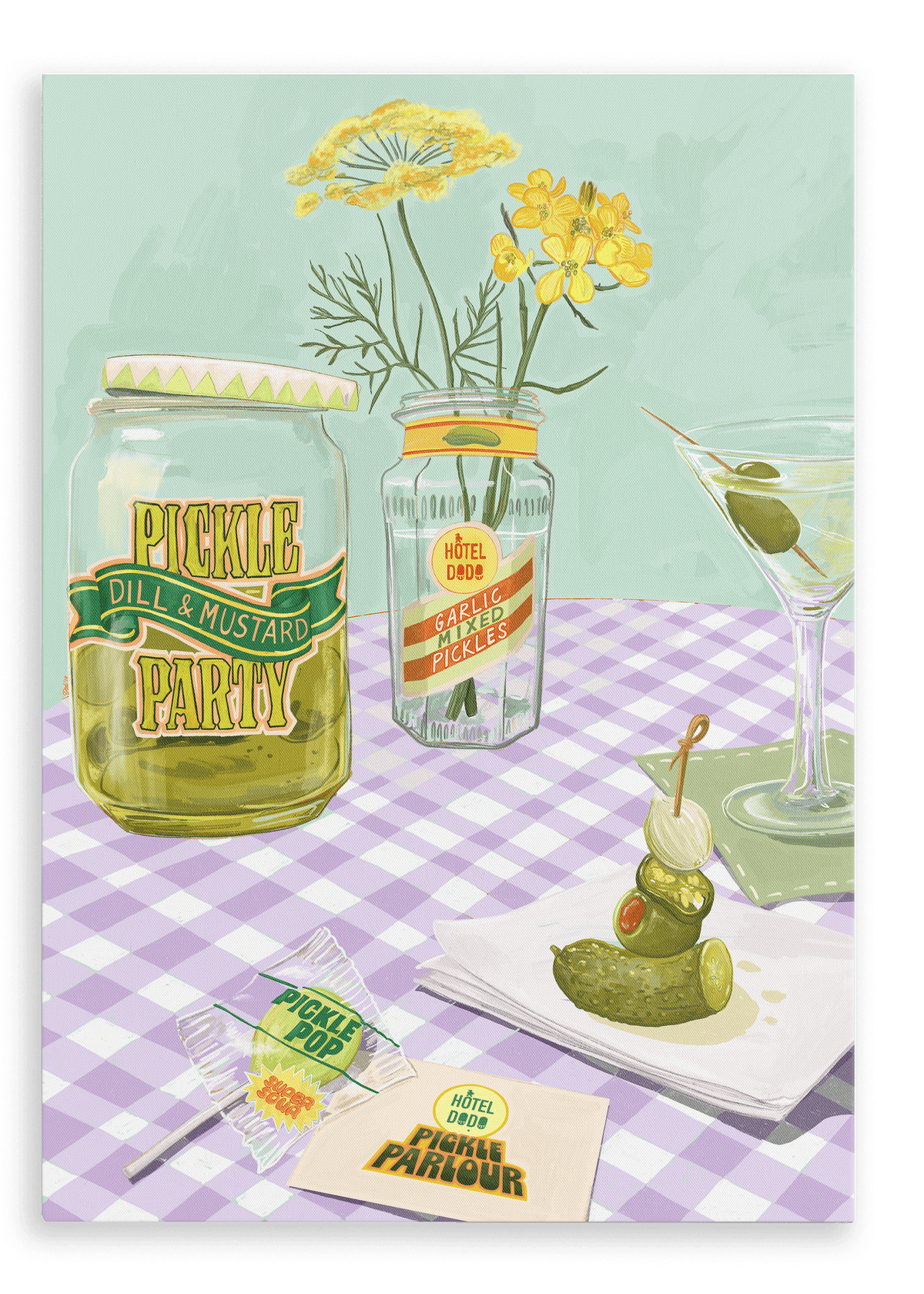 Illustration showcasing the Pickle Party Giclée Canvas Print by Hôtel Dodo, featuring jars of pickles, a floral arrangement, a pickle on a cocktail stick, a spicy pickle water martini with an olive, and retro-styled napkins on a checkered tablecloth.