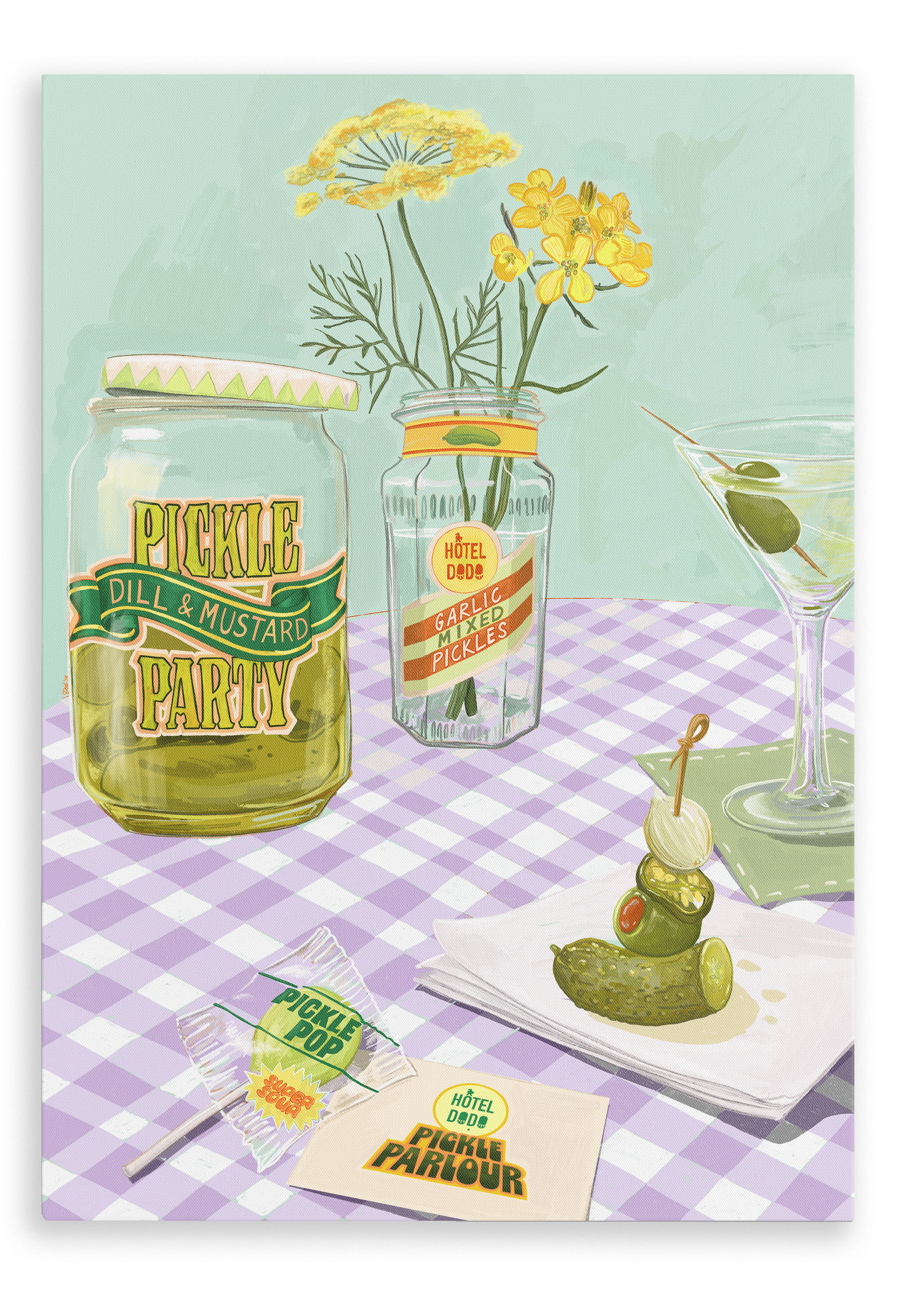 Illustration showcasing the Pickle Party Giclée Canvas Print by Hôtel Dodo, featuring jars of pickles, a floral arrangement, a pickle on a cocktail stick, a spicy pickle water martini with an olive, and retro-styled napkins on a checkered tablecloth.