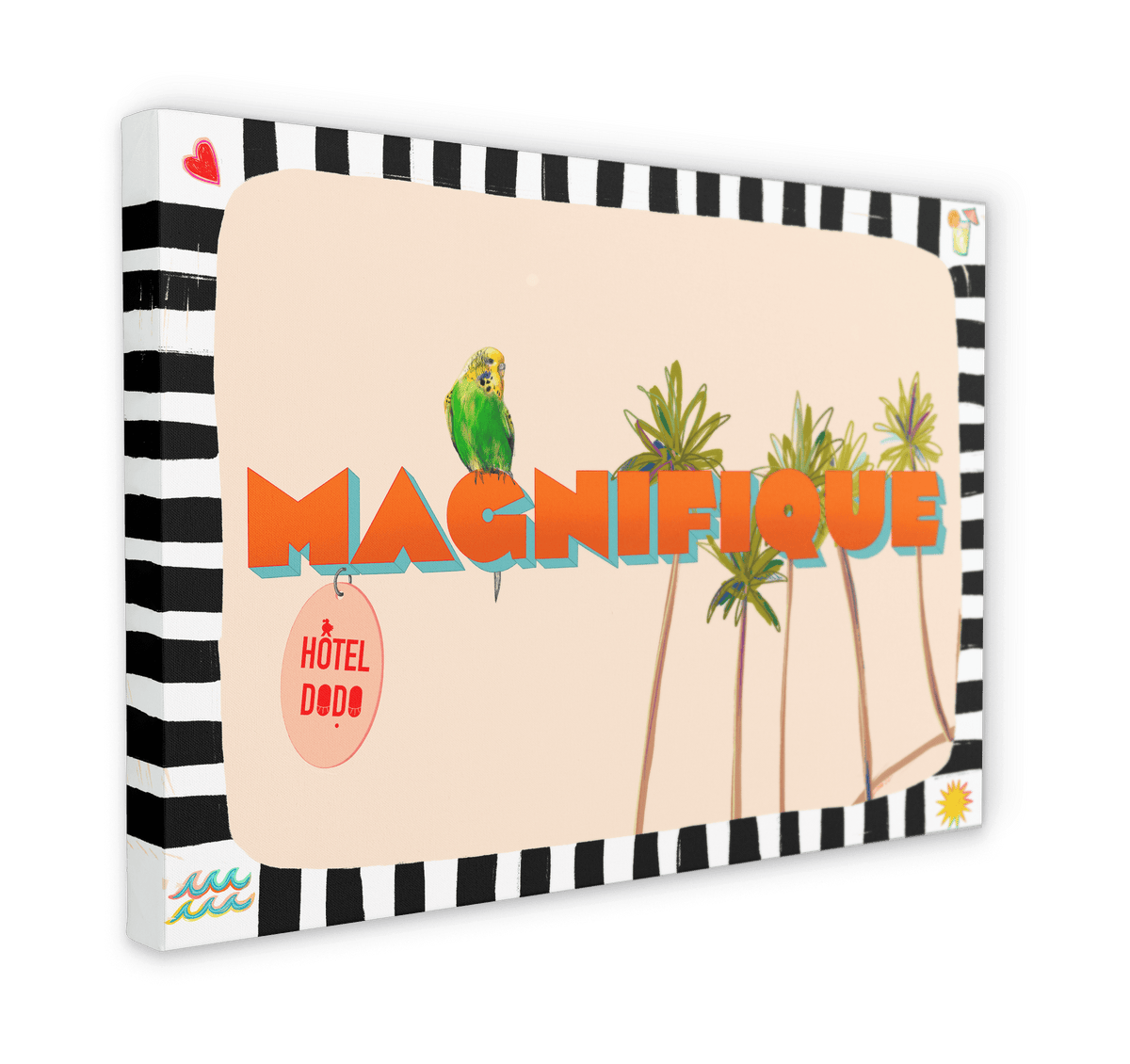 The Magnifique Matte Canvas Print by Hôtel Dodo showcases a colorful design with the word "Magnifique," featuring a parrot and palm trees amid lush tropical foliage in retro style. "Hôtel Dodo Resort" is elegantly displayed on a red tag integrated into the image.