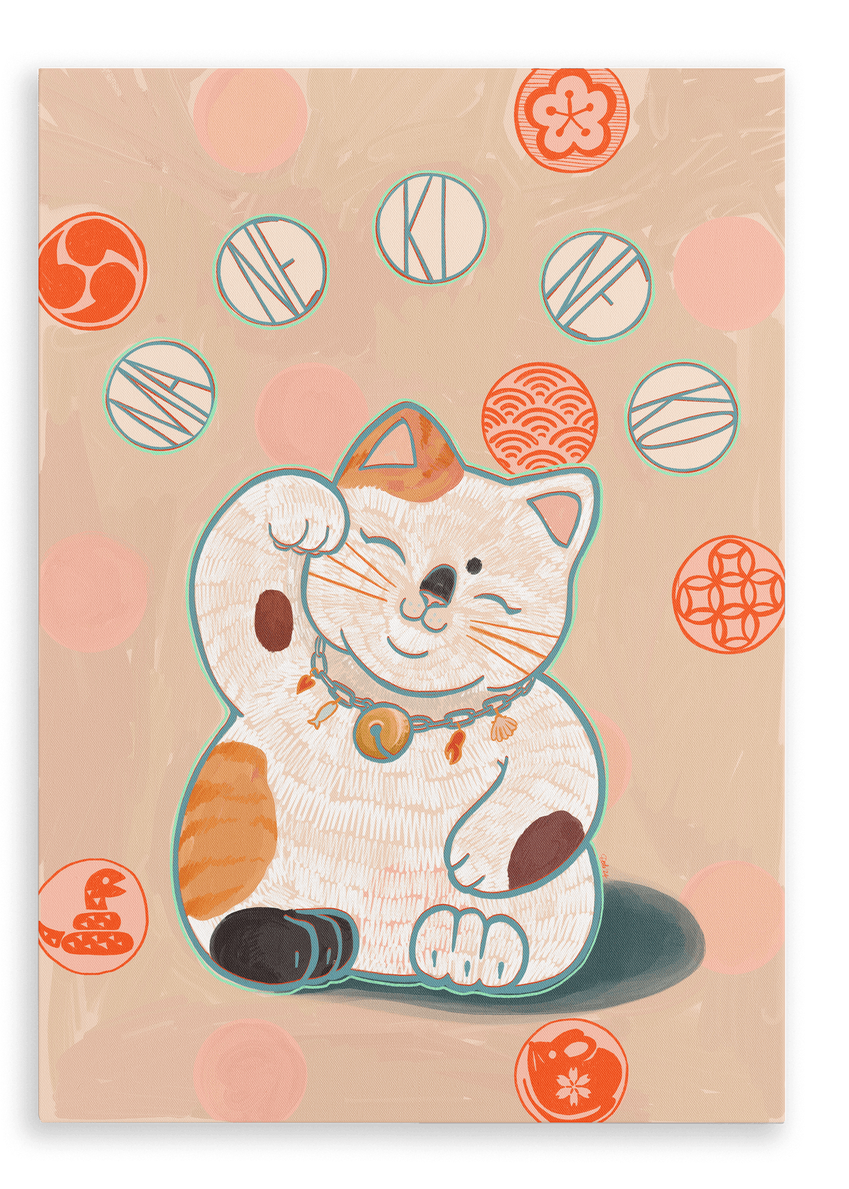 The Maneki-Neko Giclée Canvas Print by Kitsch Kanaveral features an illustration of a beckoning Maneki-neko with orange and white fur, surrounded by various Japanese motifs and symbols in vibrant orange and red hues. The cat dons a collar with a bell, raises its left paw to invite prosperity, and symbolizes good fortune.