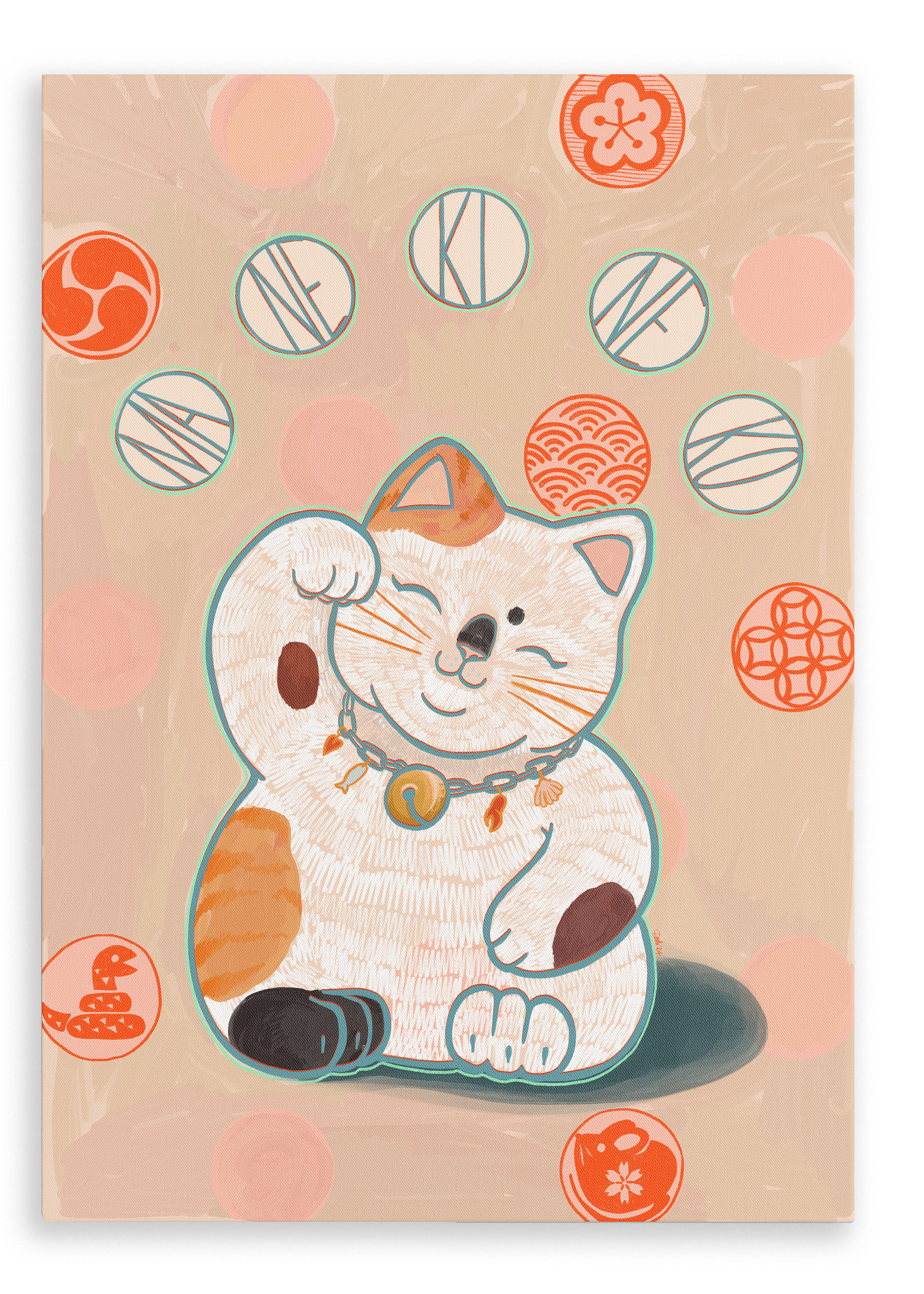 The Maneki-Neko Giclée Canvas Print by Kitsch Kanaveral features an illustration of a beckoning Maneki-neko with orange and white fur, surrounded by various Japanese motifs and symbols in vibrant orange and red hues. The cat dons a collar with a bell, raises its left paw to invite prosperity, and symbolizes good fortune.