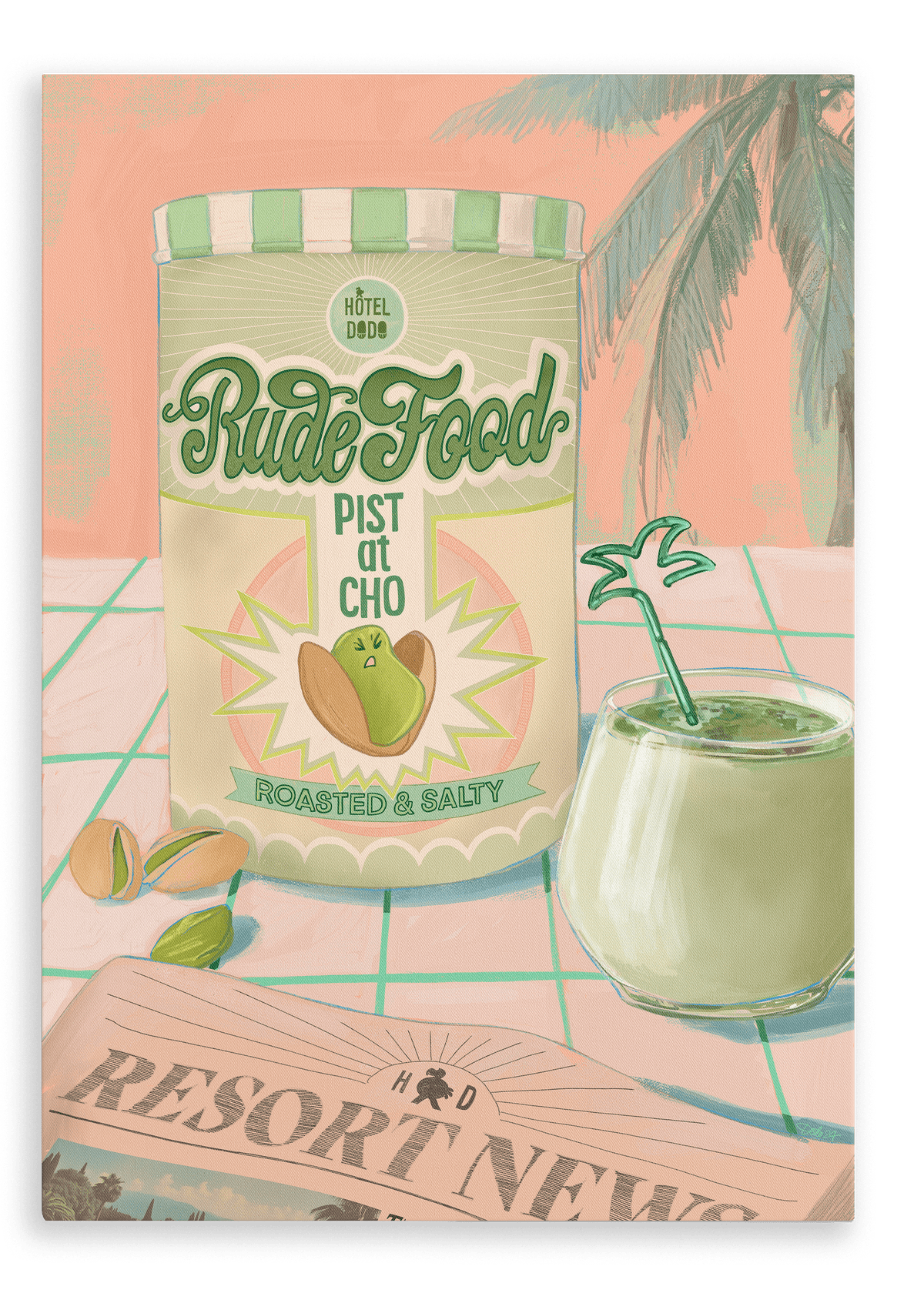 Illustration of a Rude Pistachio Giclée Canvas Print by Hôtel Dodo on a table with a tropical cocktail and a newspaper titled "resort news".