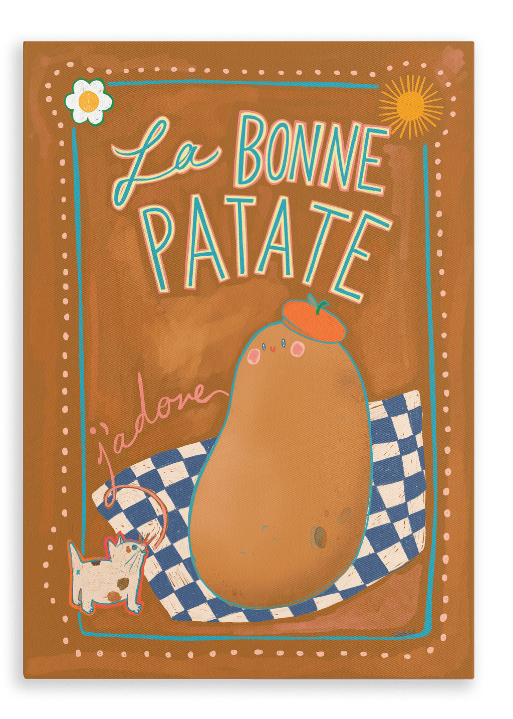 Illustration of a potato with a flower on top, labeled "La Bonne Patate." A cat wearing glasses admires the versatile food on a checkered cloth, while text reads "j'adore." A flower and sun decorate the background. Product: La Bonne Patate Canvas Print by Aventures Des Créatures.