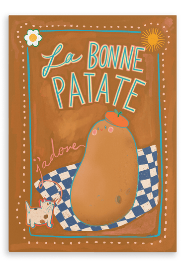 Illustration of a potato with a flower on top, labeled "La Bonne Patate." A cat wearing glasses admires the versatile food on a checkered cloth, while text reads "j'adore." A flower and sun decorate the background. Product: La Bonne Patate Canvas Print by Aventures Des Créatures.