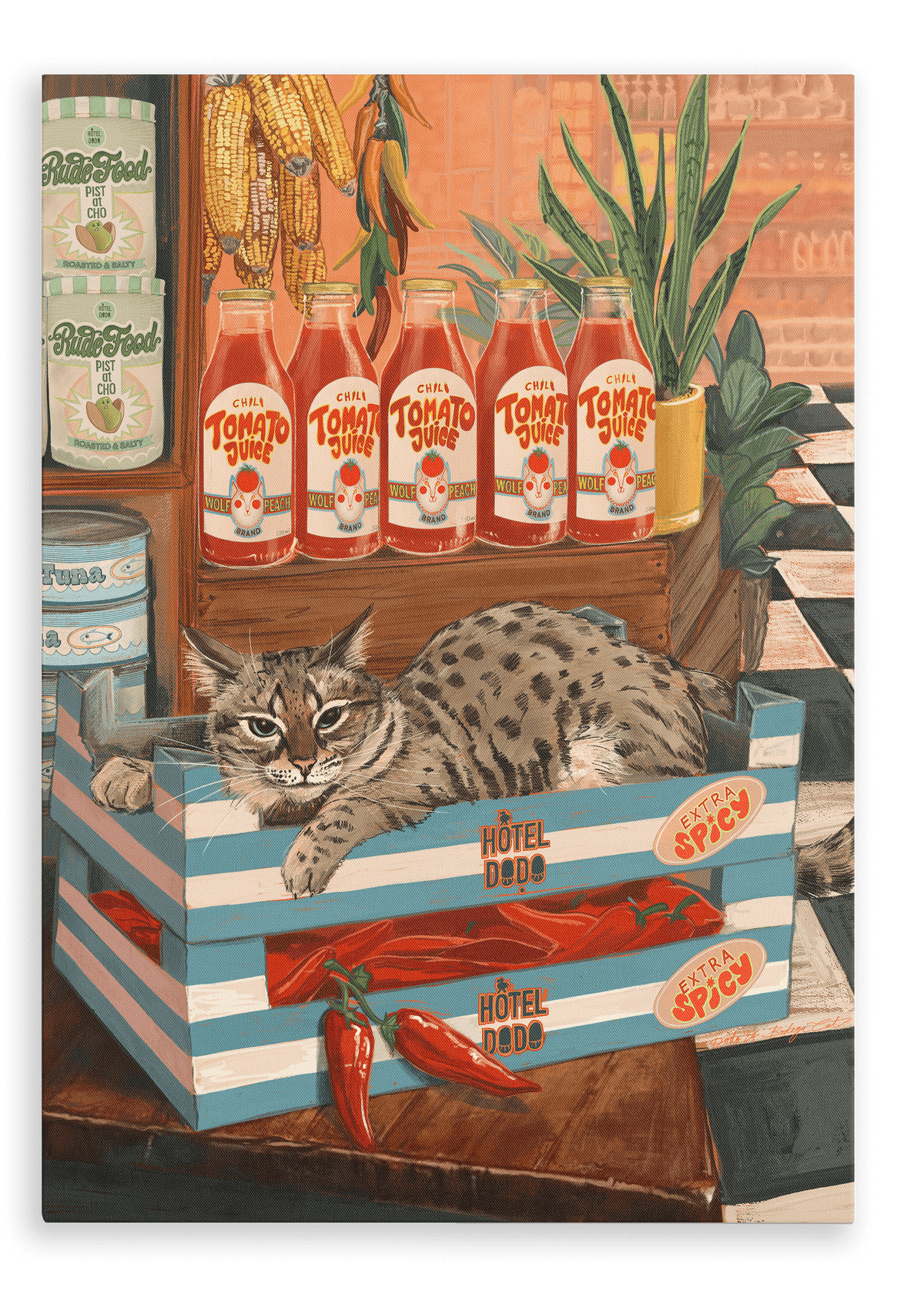 A cat lying comfortably in a wooden Bodega Cat Giclée Canvas Print crate amidst bottles of tomato ketchup and fresh vegetables.
