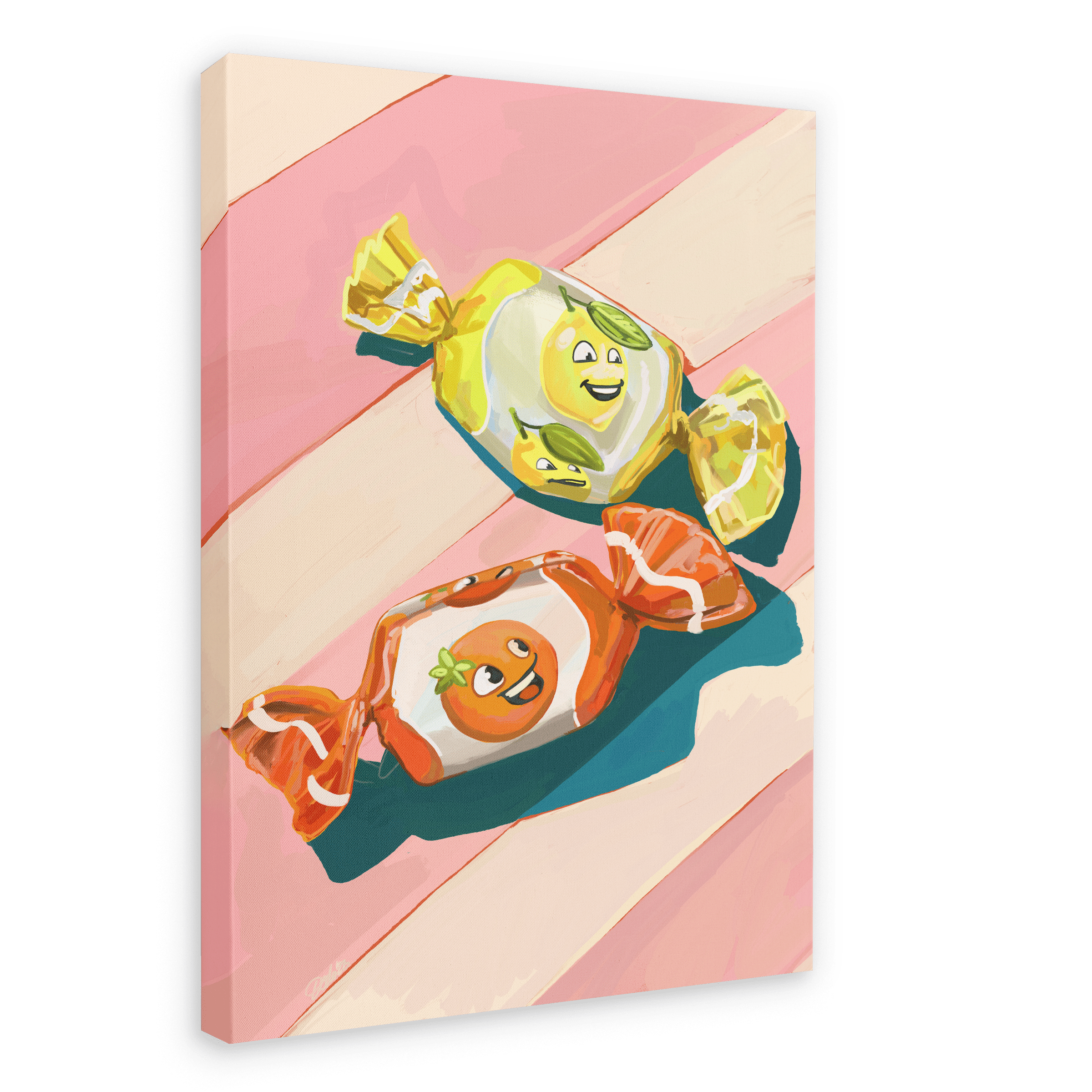 The Pillow Sweets Citrus Giclée Canvas Print by Hôtel Dodo features a delightful painting of two smiling candy wrappers, one yellow with a zesty lemon and the other red with a tomato, set against a pink and white striped background.