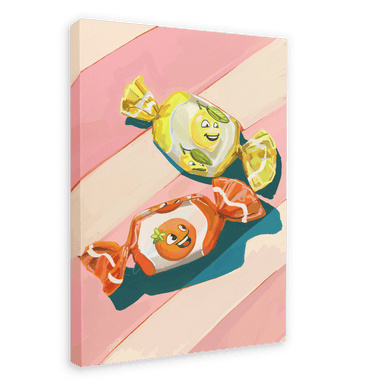 The Pillow Sweets Citrus Giclée Canvas Print by Hôtel Dodo features a delightful painting of two smiling candy wrappers, one yellow with a zesty lemon and the other red with a tomato, set against a pink and white striped background.