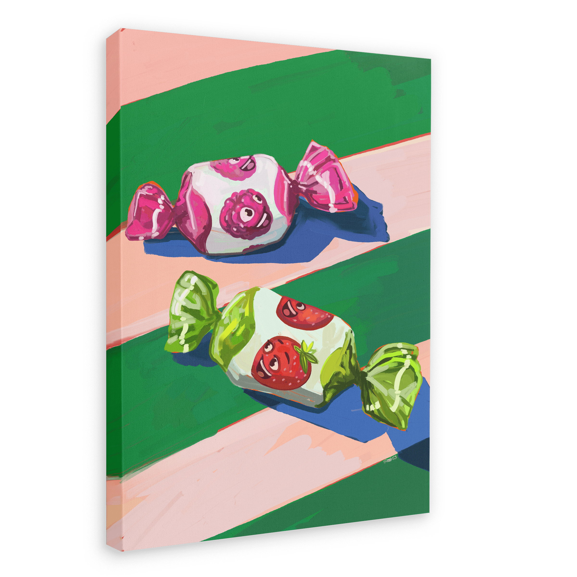 Image of the Pillow Sweets Pillow Berry Faves Giclée Canvas Print by Hôtel Dodo, featuring two wrapped candies with fruit faces lying on a colorful striped background, evoking technicolor nostalgia.