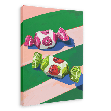 Image of the Pillow Sweets Pillow Berry Faves Giclée Canvas Print by Hôtel Dodo, featuring two wrapped candies with fruit faces lying on a colorful striped background, evoking technicolor nostalgia.