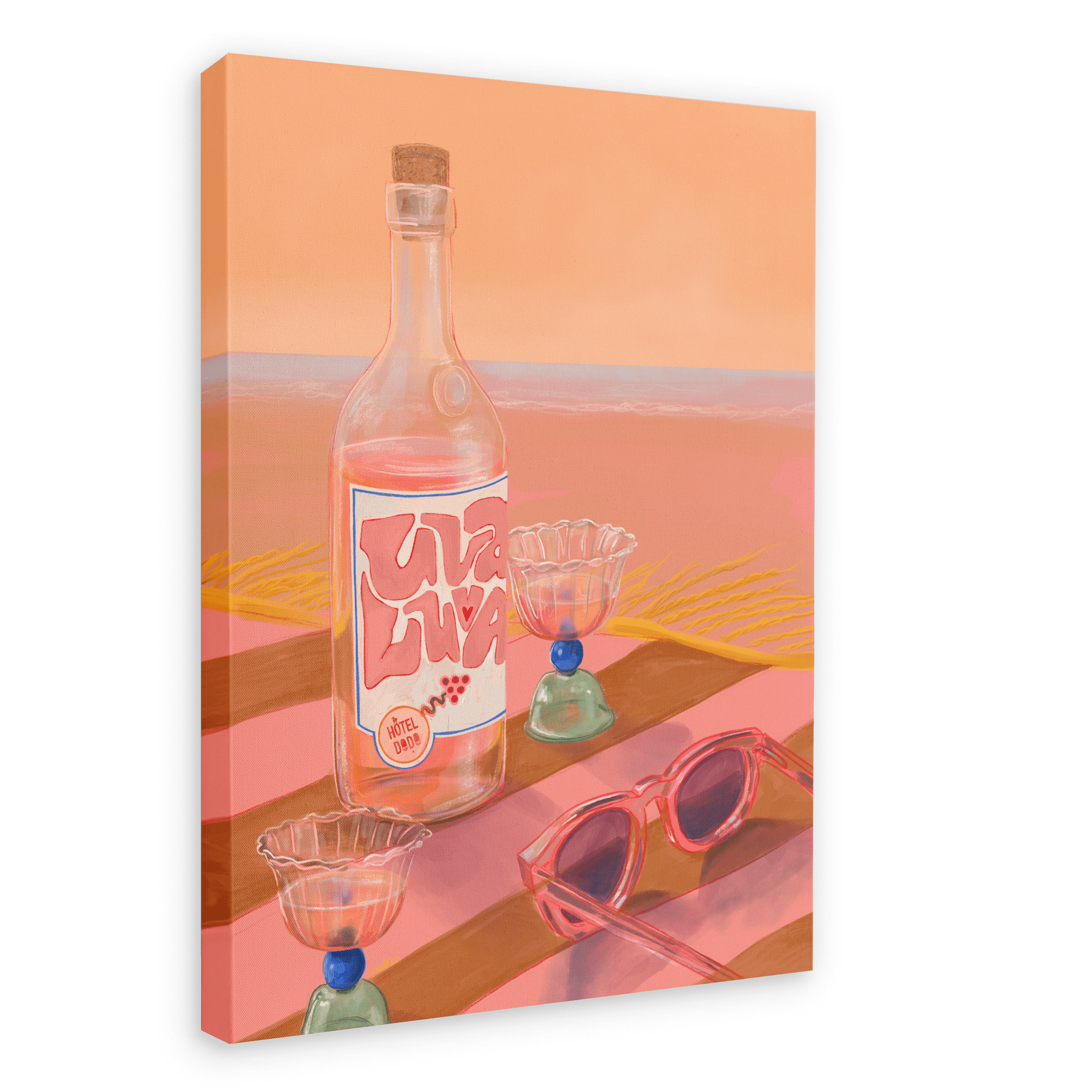 Giclée canvas print of a beach scene titled "Hôtel Dodo Uva Luva" featuring a bottle labeled "Viva" and two cocktail glasses on a striped surface, with pink sunglasses in the foreground and the ocean glowing under a beautiful sunset in the background, by Hôtel Dodo.