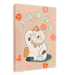 Illustration of a beckoning cat with orange and white fur, wearing a golden collar. The Maneki-Neko Giclée Canvas Print by Kitsch Kanaveral features this lucky cat surrounded by various circular patterns in red and white on a beige background, symbolizing good fortune.