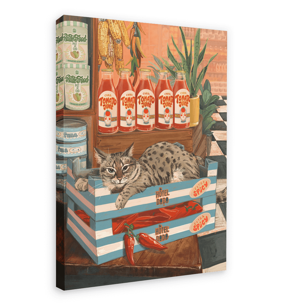 A Bodega Cat Giclée Canvas Print from Hôtel Dodo depicts a cat nestled in a striped crate, surrounded by vegetables, tomato juice bottles, and canned food in a grocery store setting.