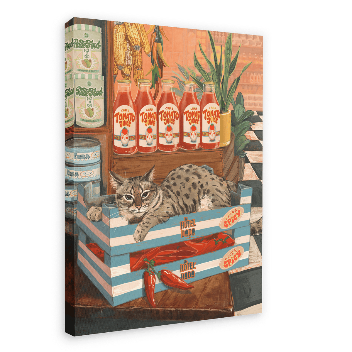 A Bodega Cat Giclée Canvas Print from Hôtel Dodo depicts a cat nestled in a striped crate, surrounded by vegetables, tomato juice bottles, and canned food in a grocery store setting.