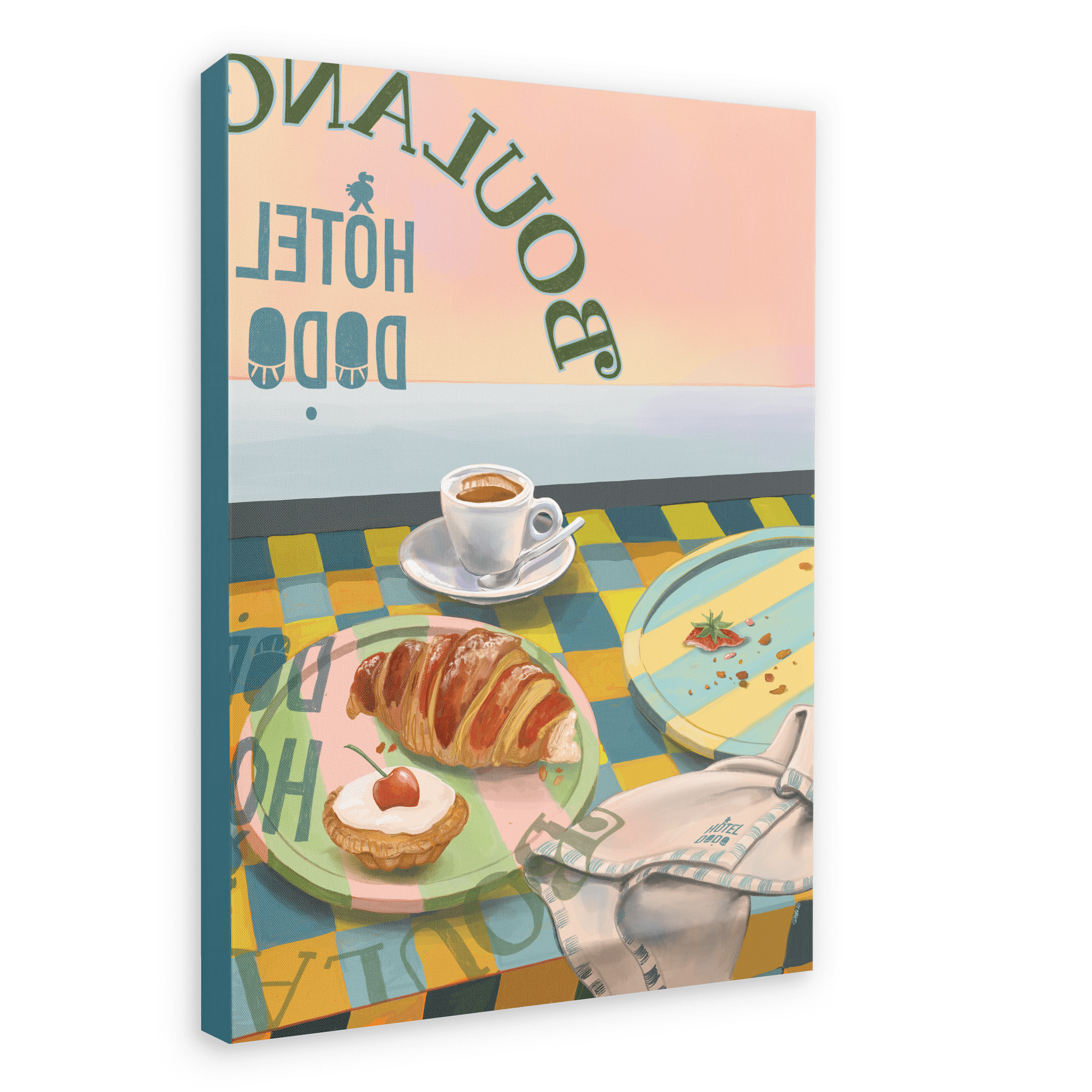 A Boulangerie Oui, Oui Giclée Canvas Print featuring an illustration of a coffee cup, a croissant, and a tart on a checkerboard table, with the words "continental hotel bop" reversed in the background by Hôtel Dodo.