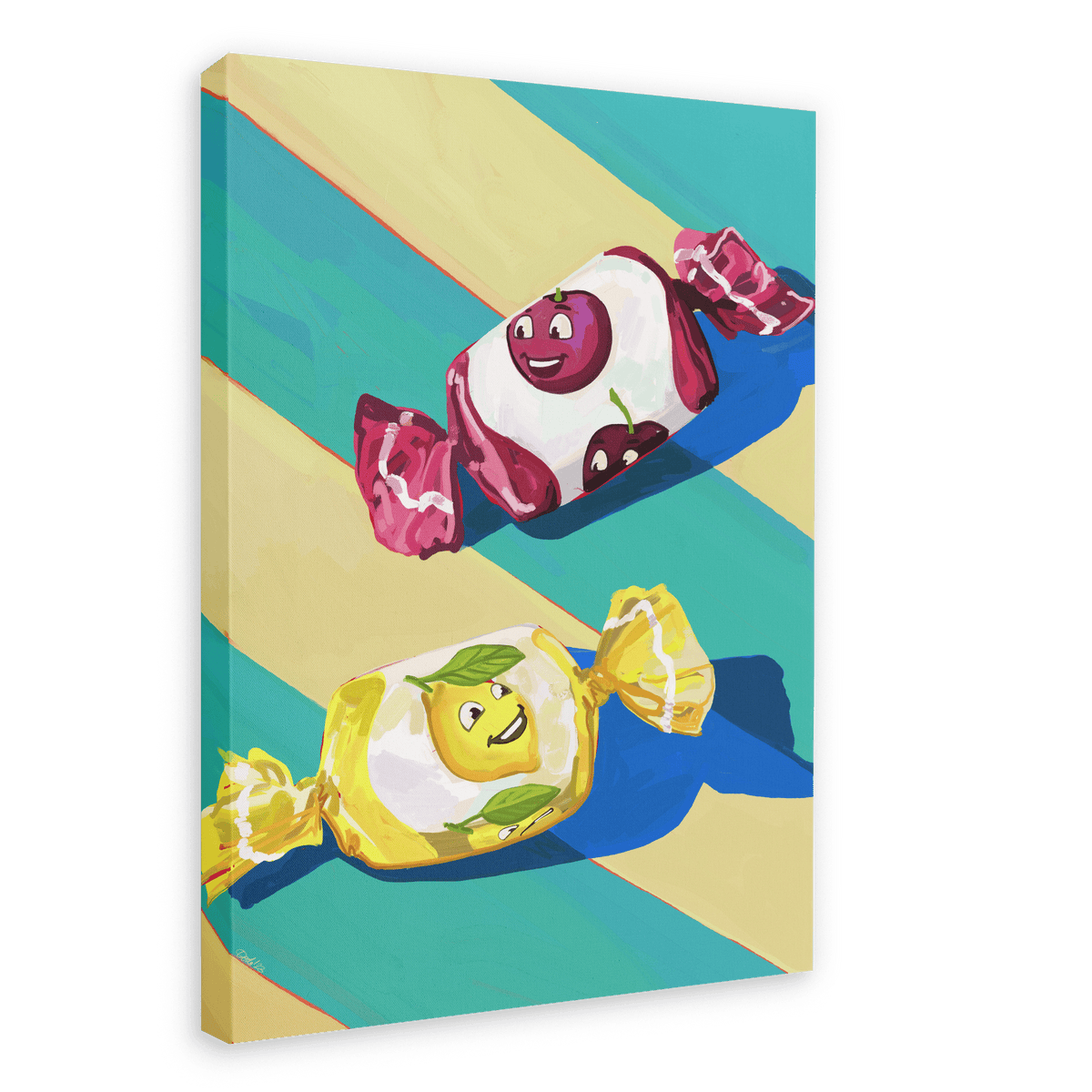 Painting of two wrapped candies on a diagonally striped background. The top candy, evocative of technicolour nostalgia dreams, boasts a purple wrapper with a joyful face. The bottom candy sports a vibrant yellow zesty lemon wrapper with a cheerful smile. This delightful scene is captured in the "Pillow Sweets Cherry Zest Giclée Canvas Print" by Hôtel Dodo.