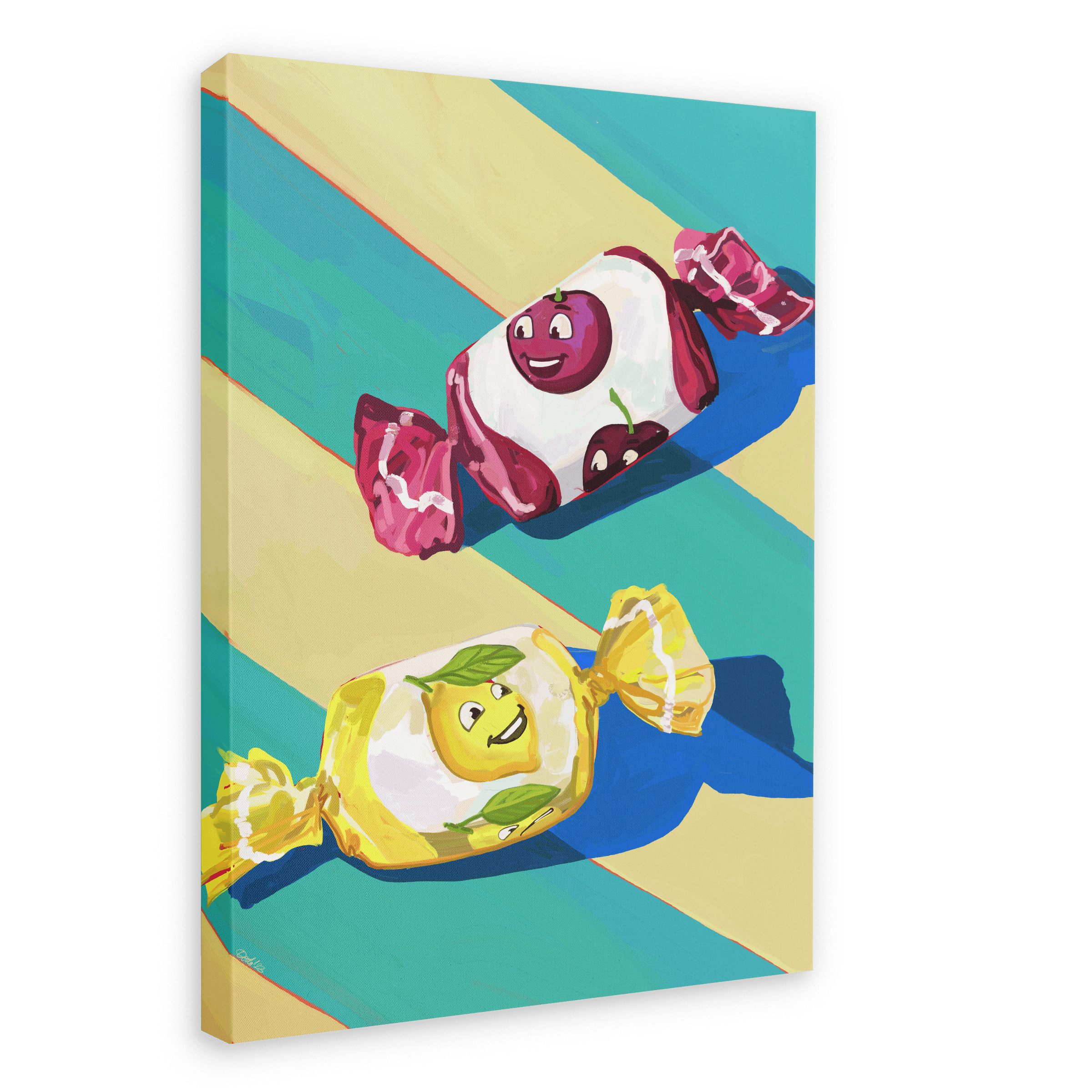 Painting of two wrapped candies on a diagonally striped background. The top candy, evocative of technicolour nostalgia dreams, boasts a purple wrapper with a joyful face. The bottom candy sports a vibrant yellow zesty lemon wrapper with a cheerful smile. This delightful scene is captured in the "Pillow Sweets Cherry Zest Giclée Canvas Print" by Hôtel Dodo.