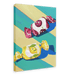 Painting of two wrapped candies on a diagonally striped background. The top candy, evocative of technicolour nostalgia dreams, boasts a purple wrapper with a joyful face. The bottom candy sports a vibrant yellow zesty lemon wrapper with a cheerful smile. This delightful scene is captured in the "Pillow Sweets Cherry Zest Giclée Canvas Print" by Hôtel Dodo.