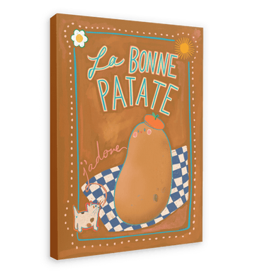The La Bonne Patate Canvas Print by Aventures Des Créatures showcases a charming cartoon potato on a checkered cloth, adorned with the text "La Bonne Patate" and "J'adore," along with a small dog and flower in the design. This delightful piece highlights the potato as a versatile food.