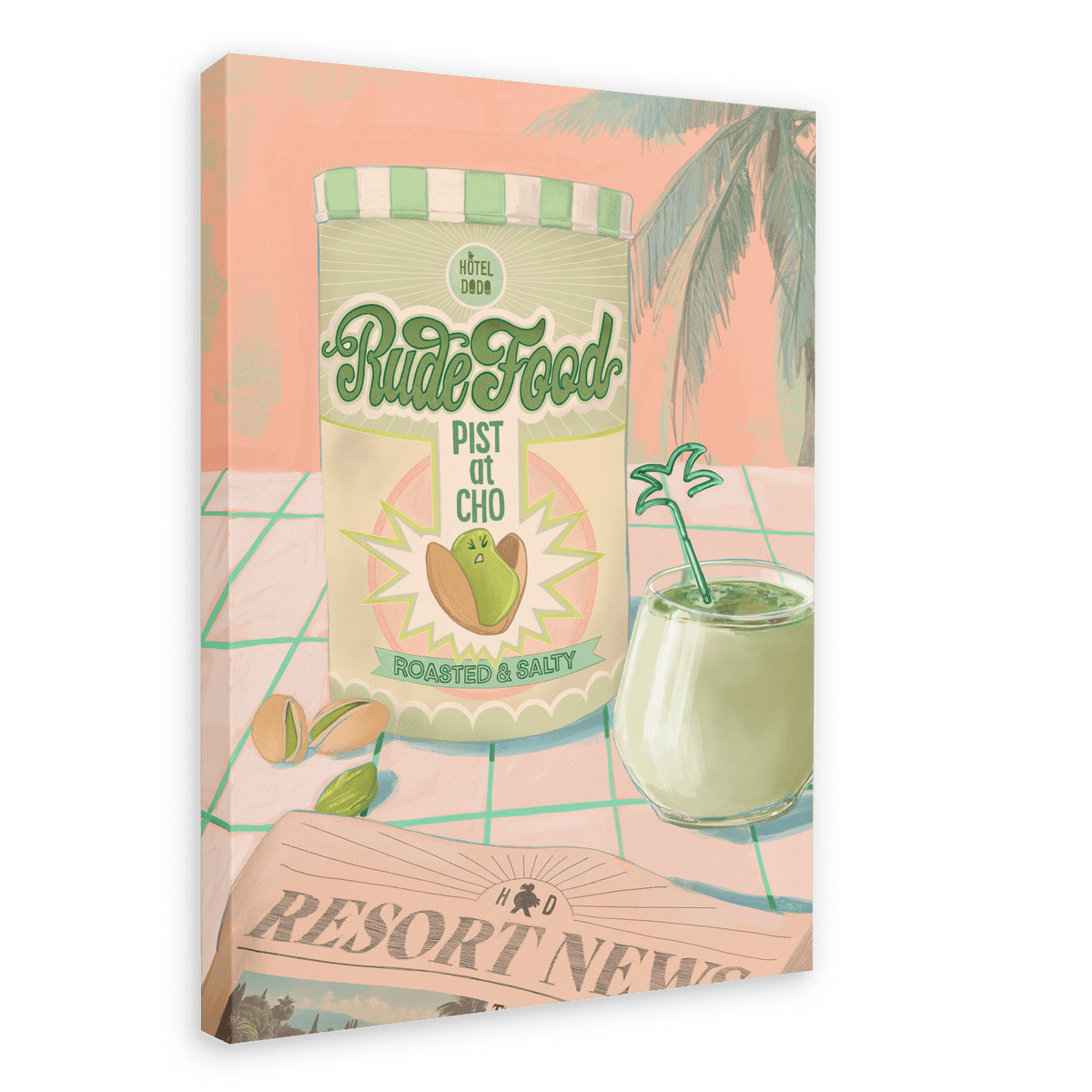 Illustration of the Rude Pistachio Giclée Canvas Print by Hôtel Dodo, featuring a bag of roasted and salty pistachios labeled "Rude Food" beside a tropical drink with a mini palm tree stirrer and a newspaper titled "Resort News," set against the backdrop of Hôtel Dodo's iconic palm trees.