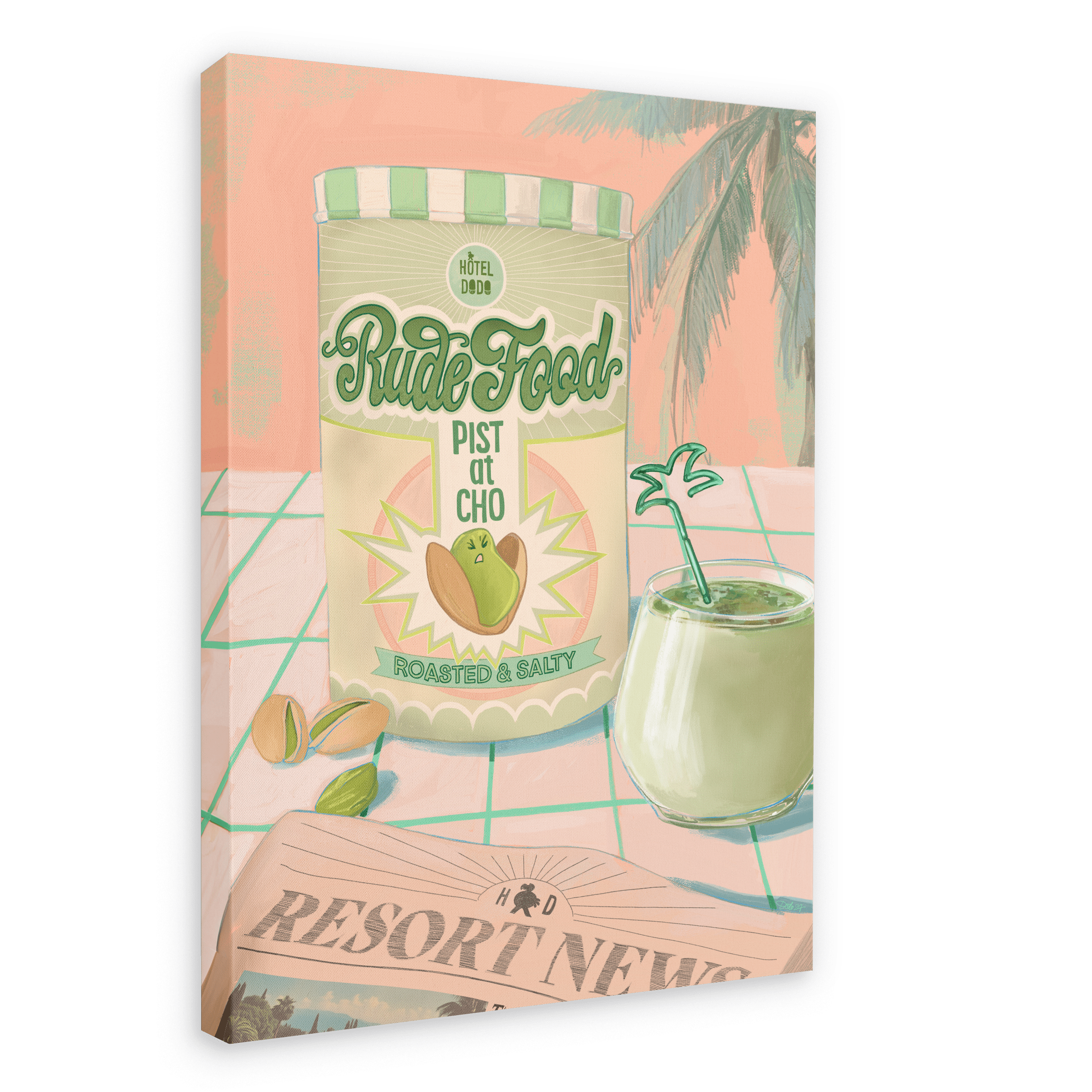 Illustration of the Rude Pistachio Giclée Canvas Print by Hôtel Dodo, featuring a bag of roasted and salty pistachios labeled "Rude Food" beside a tropical drink with a mini palm tree stirrer and a newspaper titled "Resort News," set against the backdrop of Hôtel Dodo's iconic palm trees.