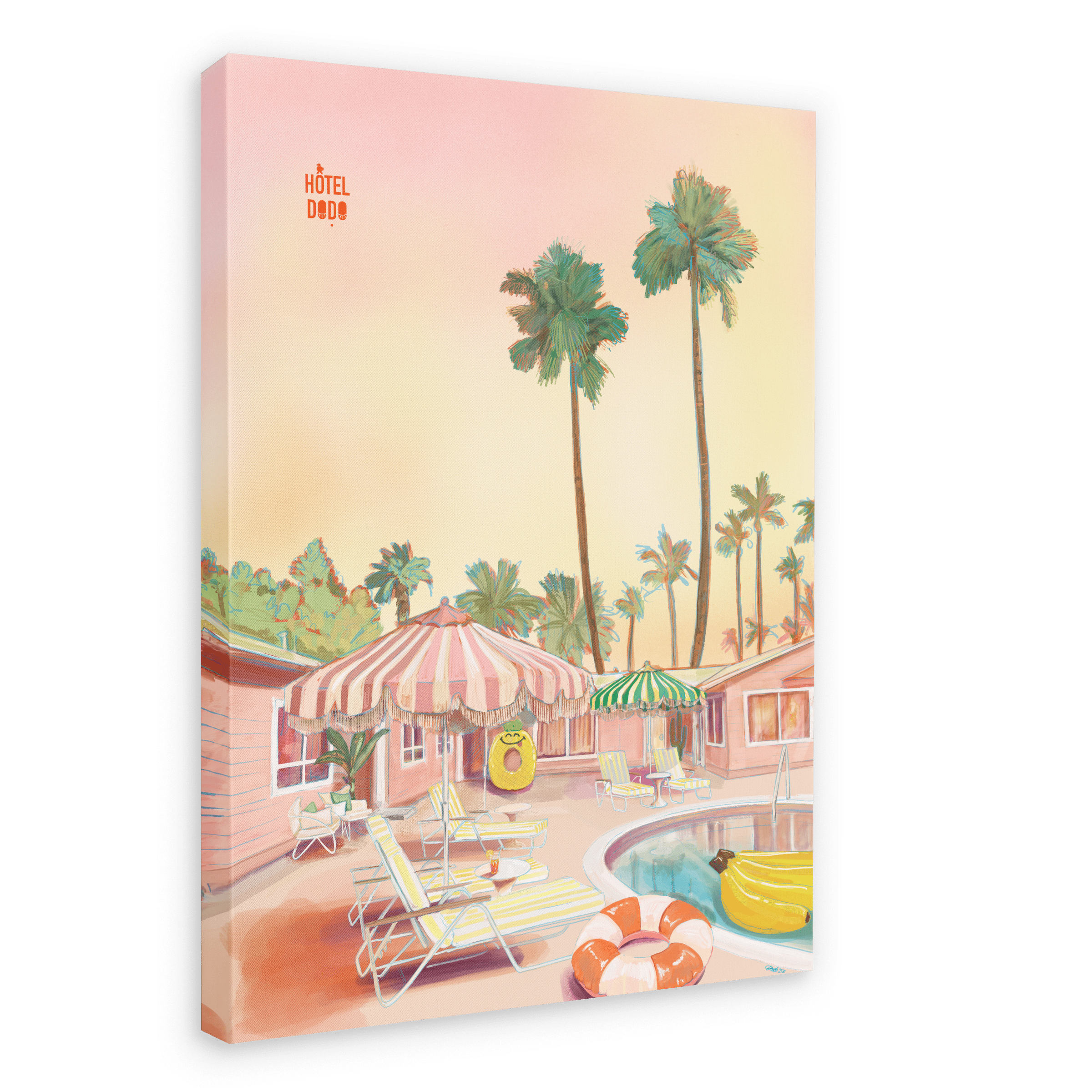 A pastel-colored illustration featured on the Hôtel Dodo Resort Giclée Canvas Print showcases a tropical resort pool area with lounge chairs, striped umbrellas, and tall palm trees, all set against the backdrop of a sunset sky and a hotel building labeled "Hôtel Dodo" in the corner.