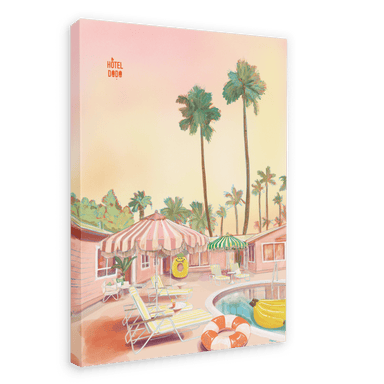 A pastel-colored illustration featured on the Hôtel Dodo Resort Giclée Canvas Print showcases a tropical resort pool area with lounge chairs, striped umbrellas, and tall palm trees, all set against the backdrop of a sunset sky and a hotel building labeled "Hôtel Dodo" in the corner.