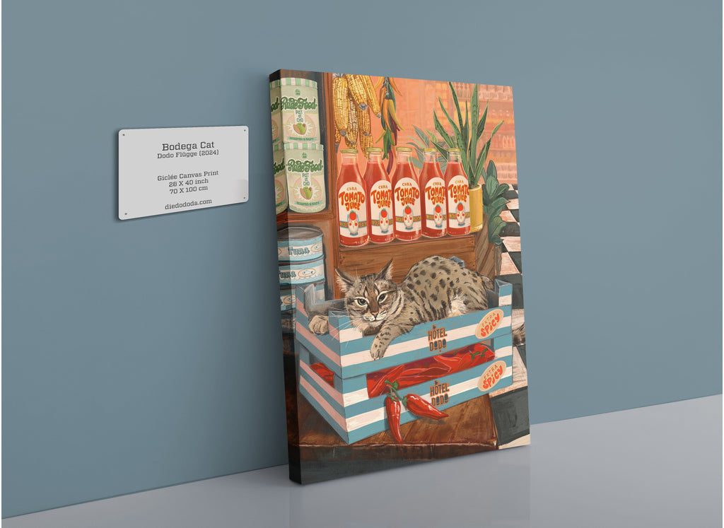 A Bodega Cat Giclée Canvas Print by Hôtel Dodo depicting an illustrated scene of a cat resting among grocery items on a shelf.