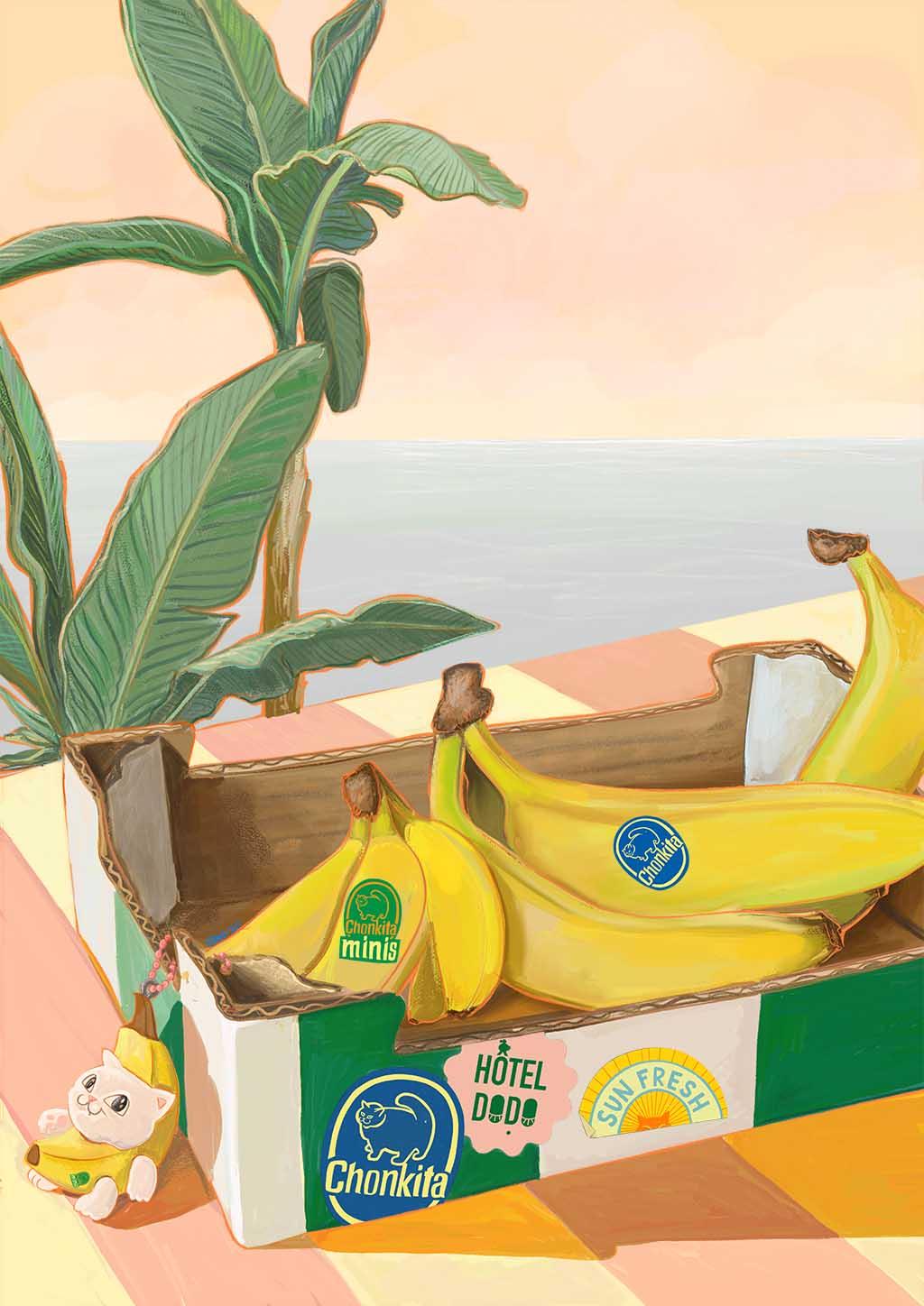 The Chonkita Bananas Giclée Art Print by Hôtel Dodo features ripe bananas on a tiled surface with a tiny pig figurine, lush tropical plants, and a warm sunset in the background.