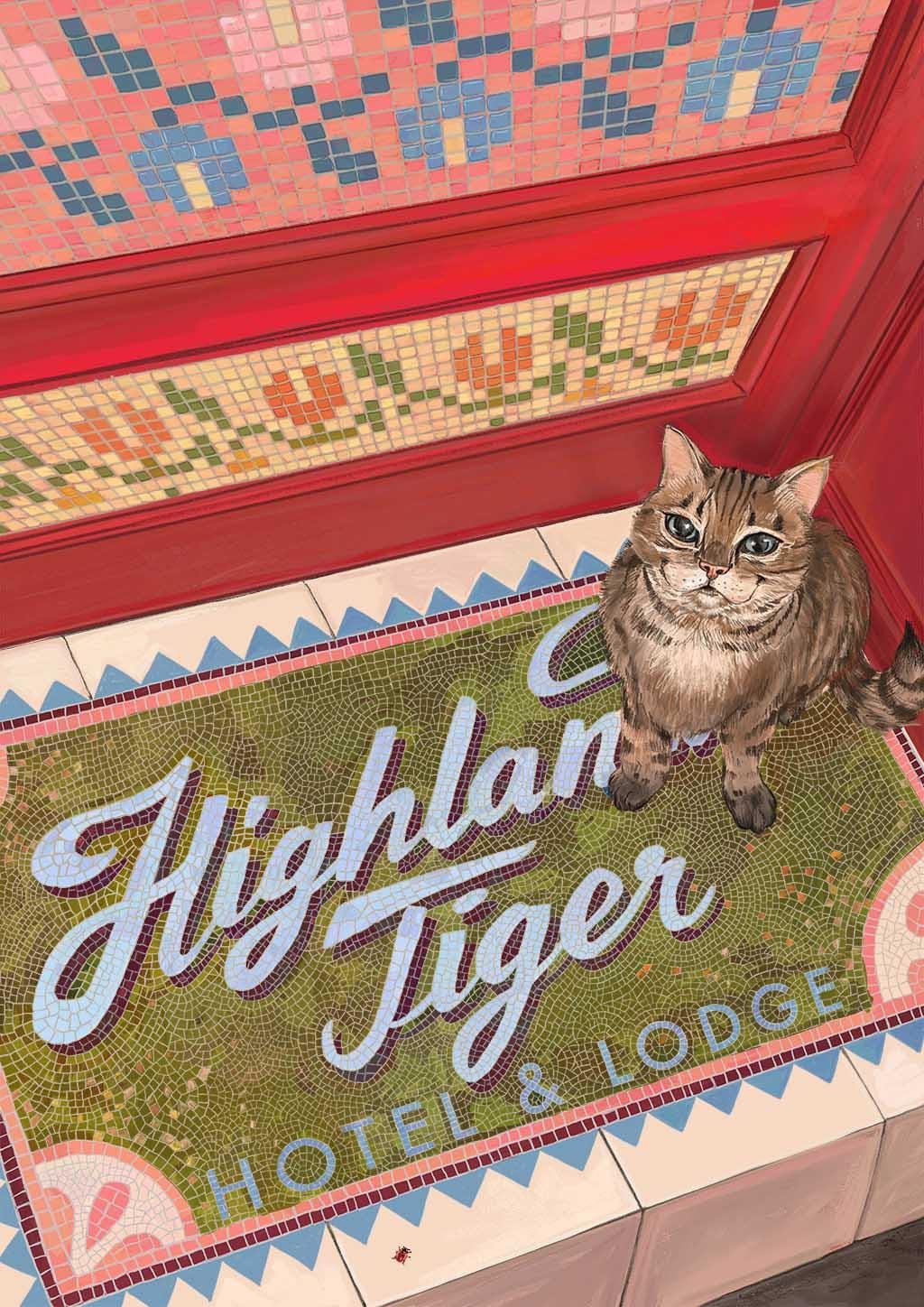 A tabby cat sits on a Highland Tiger Hotel & Lodge mosaic floor tile depicted in a Papillon Pop Giclée Art Print by Hôtel Dodo.