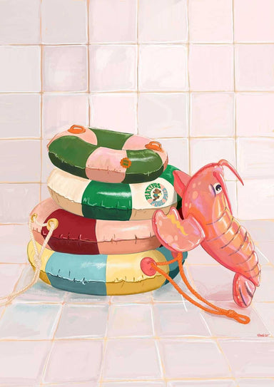 The Platypus Pool Pals Giclée Art Print by Hôtel Dodo features stacked, colorful inflatable swim rings and a whimsical pink lobster pool float on a tiled floor against a white tile wall.