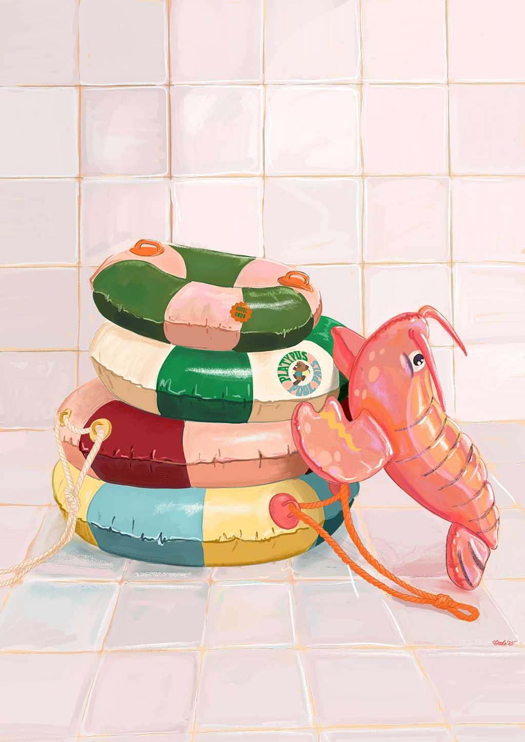 The Platypus Pool Pals Giclée Art Print by Hôtel Dodo features stacked, colorful inflatable swim rings and a whimsical pink lobster pool float on a tiled floor against a white tile wall.
