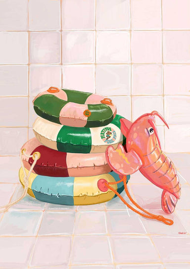 The Platypus Pool Pals Giclée Art Print by Hôtel Dodo features stacked, colorful inflatable swim rings and a whimsical pink lobster pool float on a tiled floor against a white tile wall.