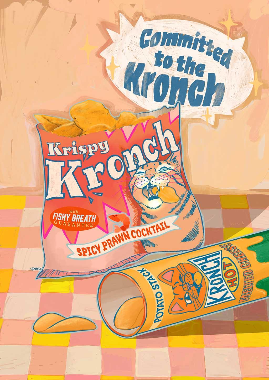 Illustration of two "Krispy Kronch" snacks with a playful cat mascot: spicy prawn cocktail chips and hot potato sticks. Text says "Committed to the Kronch snack experience." Giclée art print by Kitsch Kanaveral.
