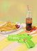A Chlorine Cowboys Giclée Art Print by Hôtel Dodo lies on the table, bringing back childhood memories of summer days, with fries and ketchup next to a bottle of cola.