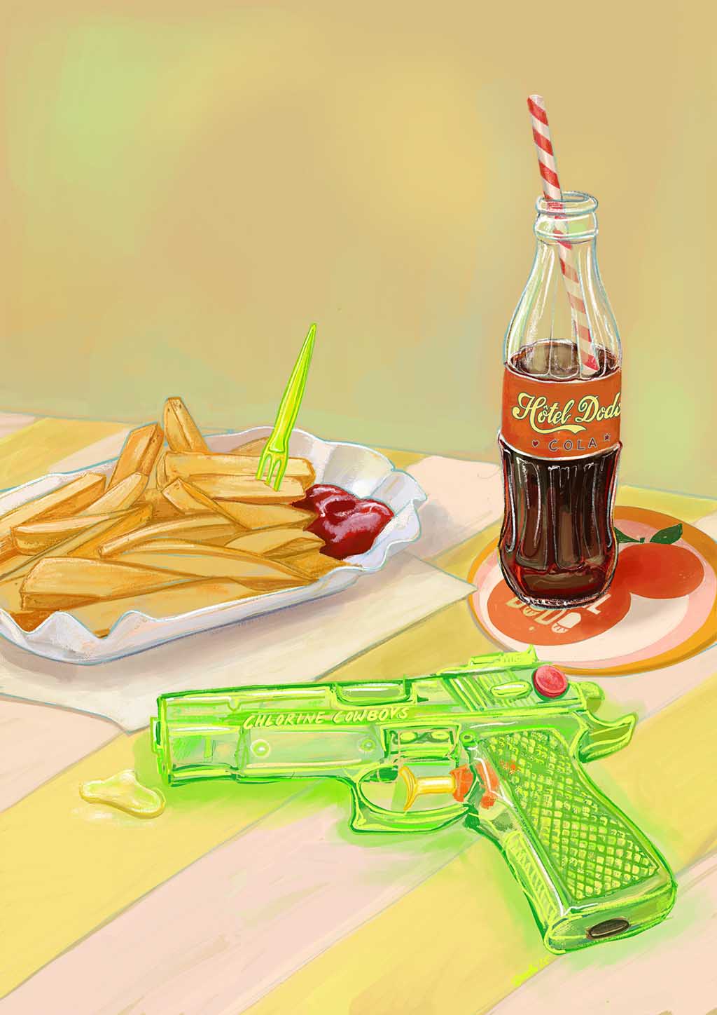 The Chlorine Cowboys Giclée Canvas Print by Hôtel Dodo showcases a vibrant scene featuring a neon green toy water gun, a classic soda bottle, and fries with ketchup on a striped tablecloth. Perfect for those who love vivid outdoor pool adventure themes.