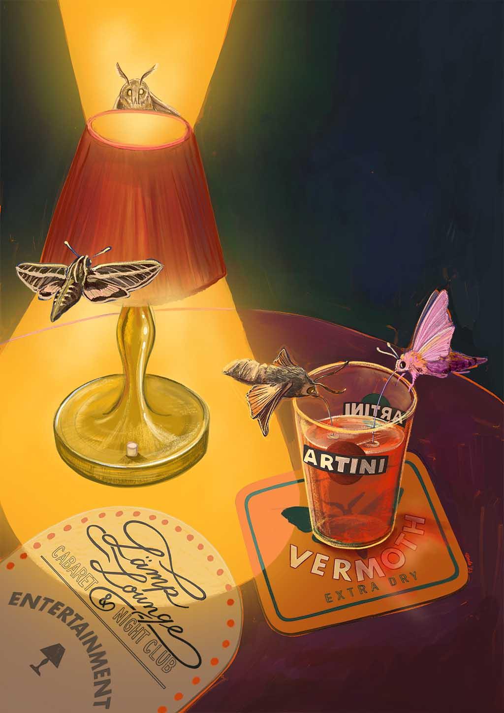 Three moths are drawn to a glowing lamp beside a glass labeled "ARTINI VERMOUTH" on a table, with a coaster and an entertainment card, as depicted in the Lamp Lounge Giclée Art Print by Hôtel Dodo.