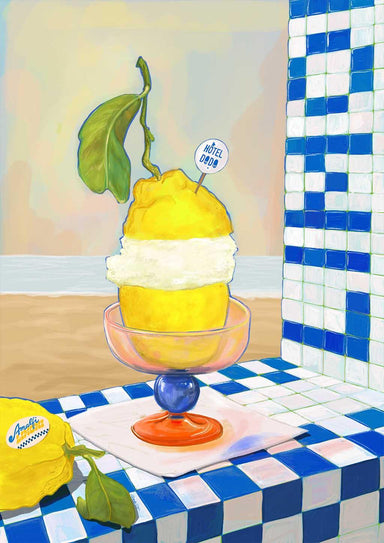 The Amalfi Limoni Giclée Art Print by Hôtel Dodo features a painted lemon sorbet in a glass dish on a tiled table with a whole lemon, seaside backdrop, and "Hôtel Déco" sign, capturing coastal elegance.
