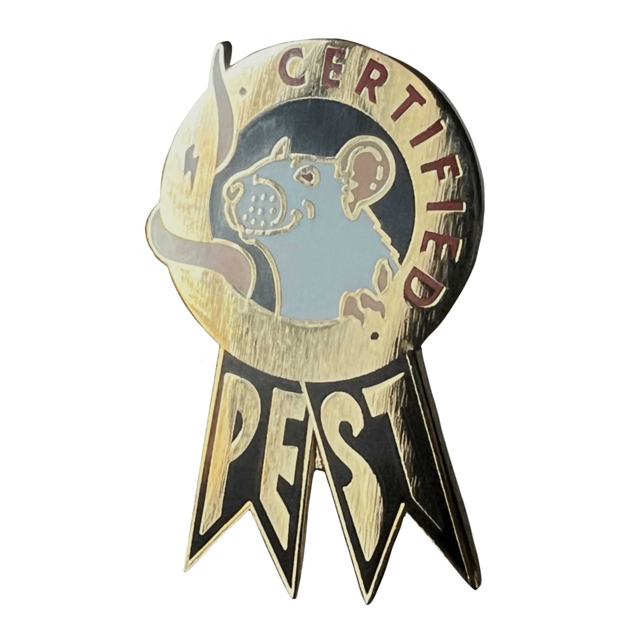 The Certified Pest Pin by Pins by diedododa is a gold and silver badge with a rat illustration, perfect for those with a spicy personality or as a charming pest certificate pin.