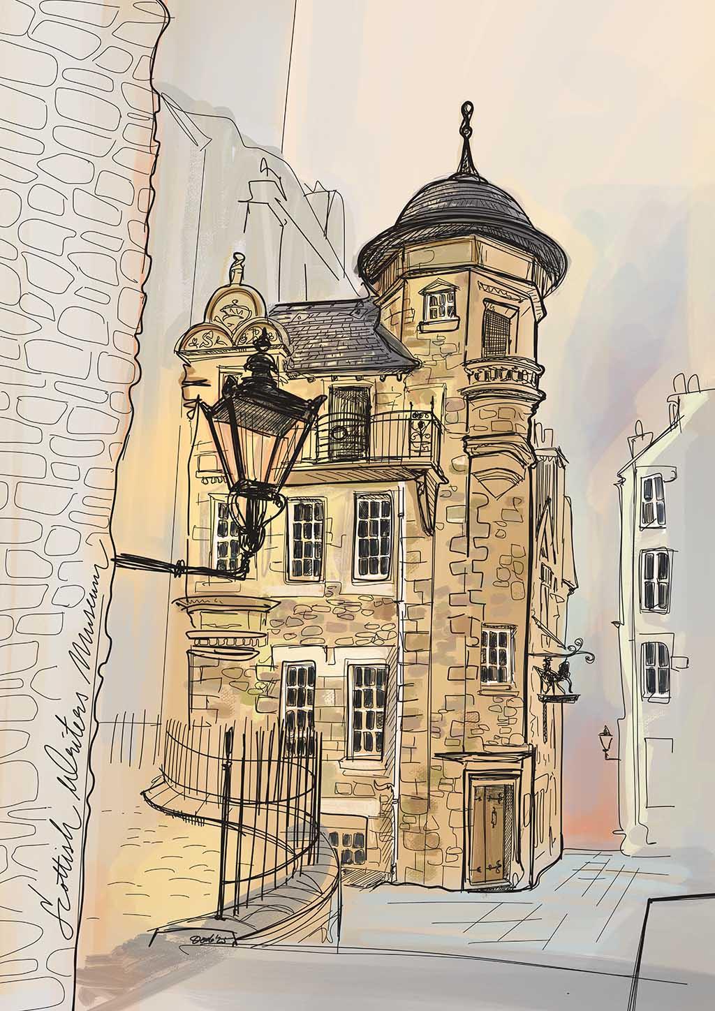 Add one or two keywords to feature in this description: The Scottish Writers Museum Edinburgh Art Print by Essential Edinburgh captures the literary heritage of Scotland, making it a perfect gift or decor piece for book lovers and admirers of classic authors.