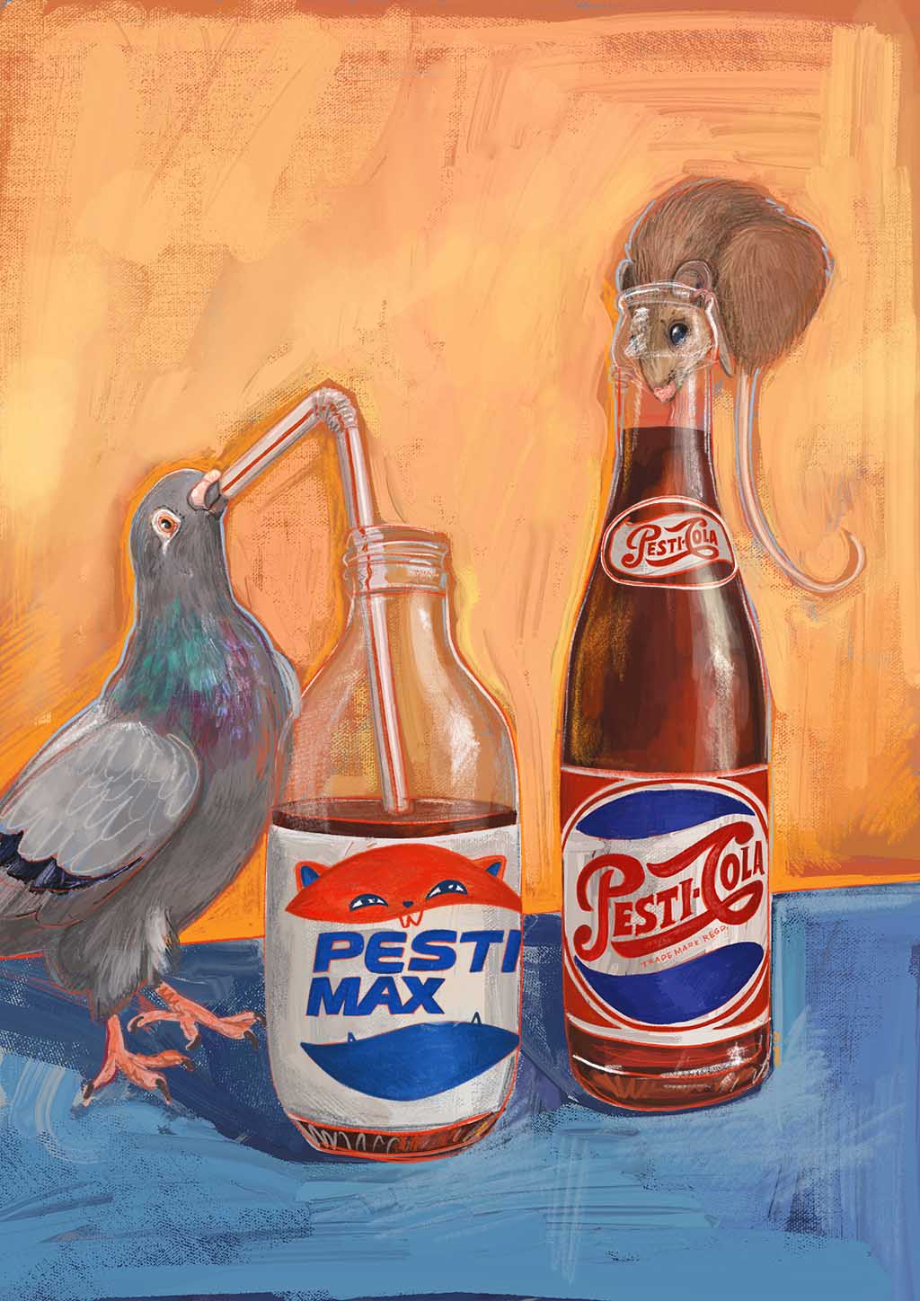 A pigeon drinks from a "Pesti Max" bottle—sugar-free cola—while a nearby "Pesti Cola" bottle shows a mouse peeking out, as seen in the Pesti Cola Giclée Art Print by Kitsch Kanaveral.