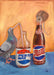 A pigeon drinks from a "Pesti Max" bottle—sugar-free cola—while a nearby "Pesti Cola" bottle shows a mouse peeking out, as seen in the Pesti Cola Giclée Art Print by Kitsch Kanaveral.