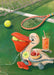 The Petit Pélican Tennis Club Giclée Art Print by Hôtel Dodo features a charming pelican toy holding a tennis ball beside a racket, strawberries and cream, and an iced drink on a vibrant tennis court.